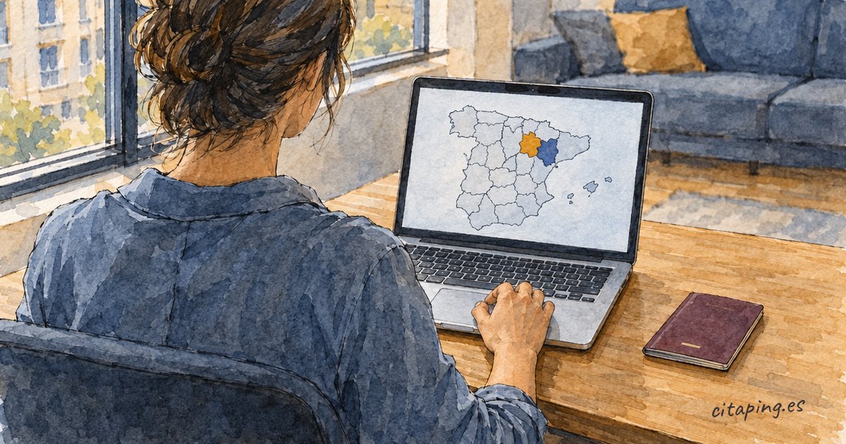 Una persona mira en su portátil un mapa de España con dos provincias vecinas marcadas; al lado, un pasaporte.