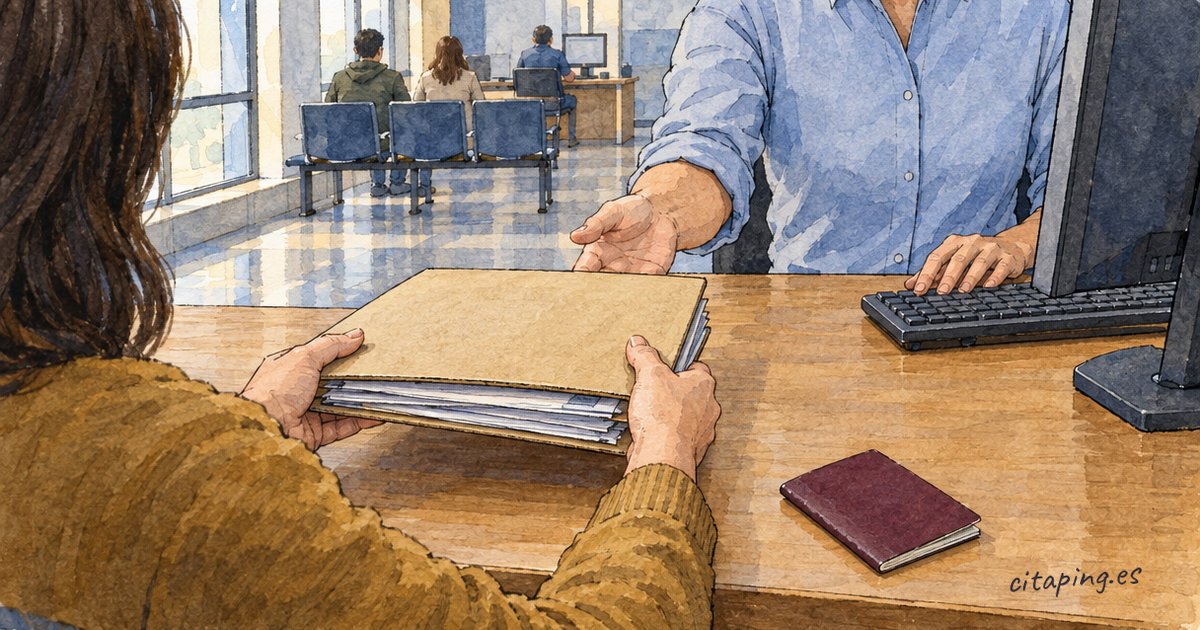 В офісі Extranjería відвідувач передає працівникові товсту теку з паперами, поруч на столі лежить паспорт.