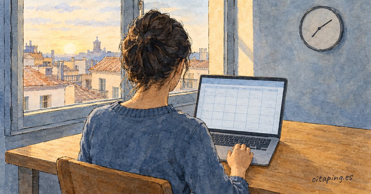 Una persona de espaldas usa un portátil con un calendario vacío junto a una ventana con tejados y un reloj de pared.