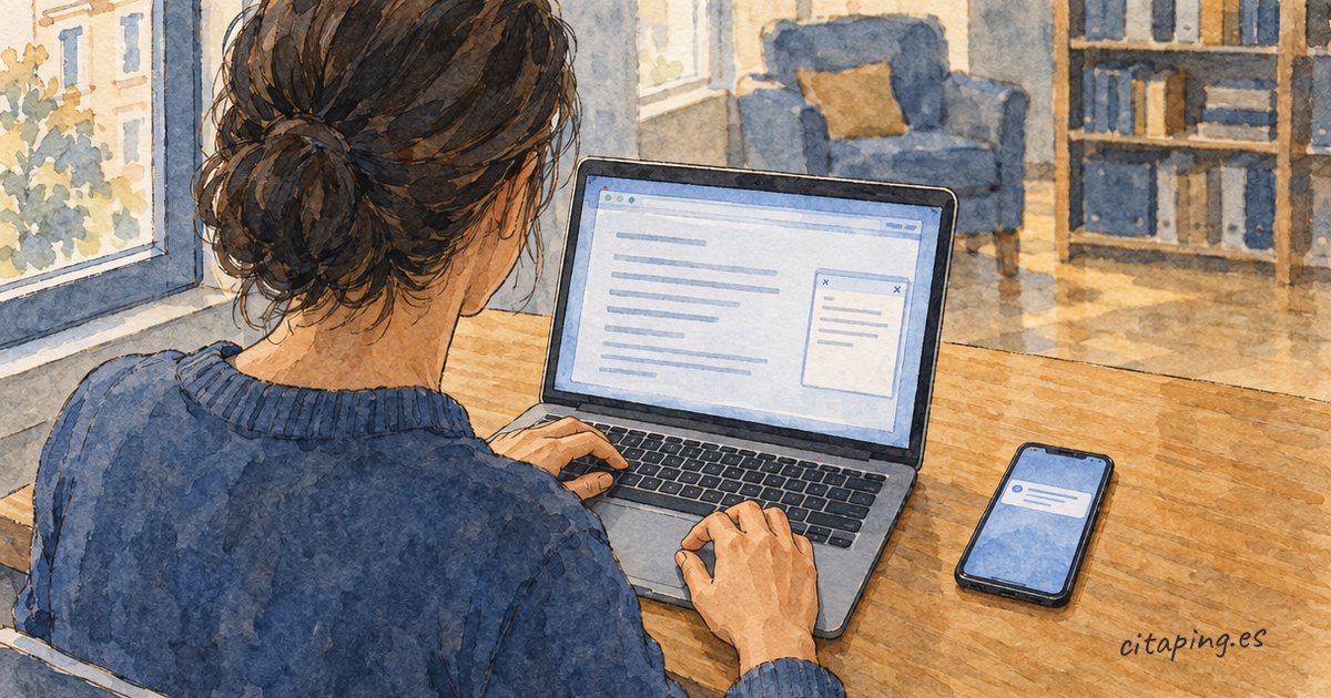 Una persona teclea en un portátil abierto en una web con una ventana emergente, junto a un móvil con una notificación.