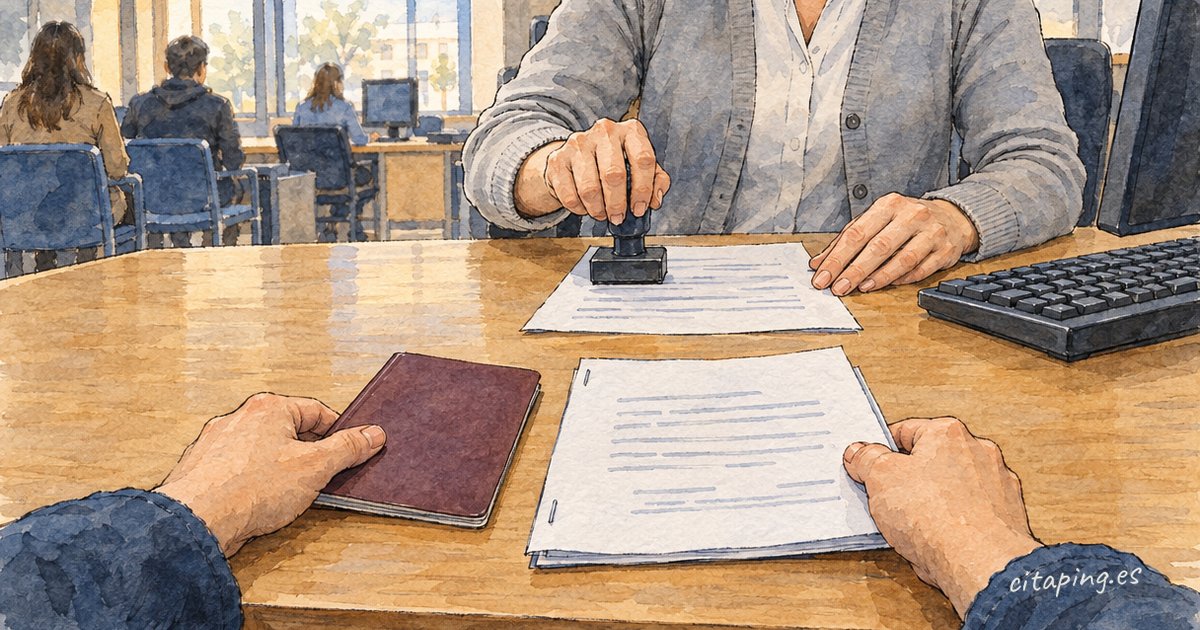 At a desk in a comisaría, a visitor hands over a passport and stapled papers as a clerk stamps a sheet.