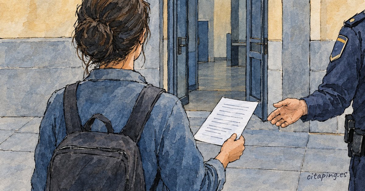Una persona tiende una hoja impresa hacia la mano extendida de un agente ante la puerta abierta de una comisaría.