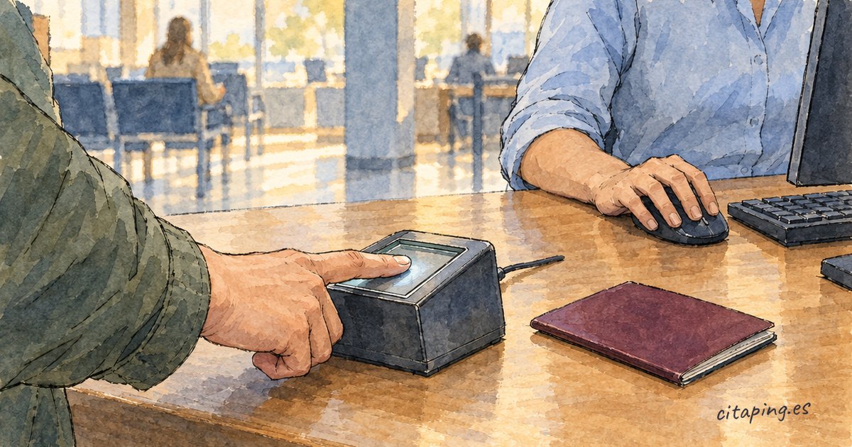 En el mostrador de una oficina, una persona apoya el dedo en un lector de huellas junto a un pasaporte mientras quien atiende sujeta un ratón.