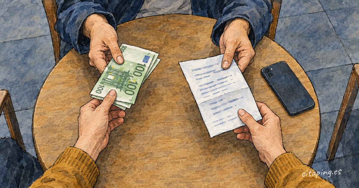 За столиком у кафе одна людина передає купюри по 100 євро, інша простягає складений аркуш, поруч лежить телефон.