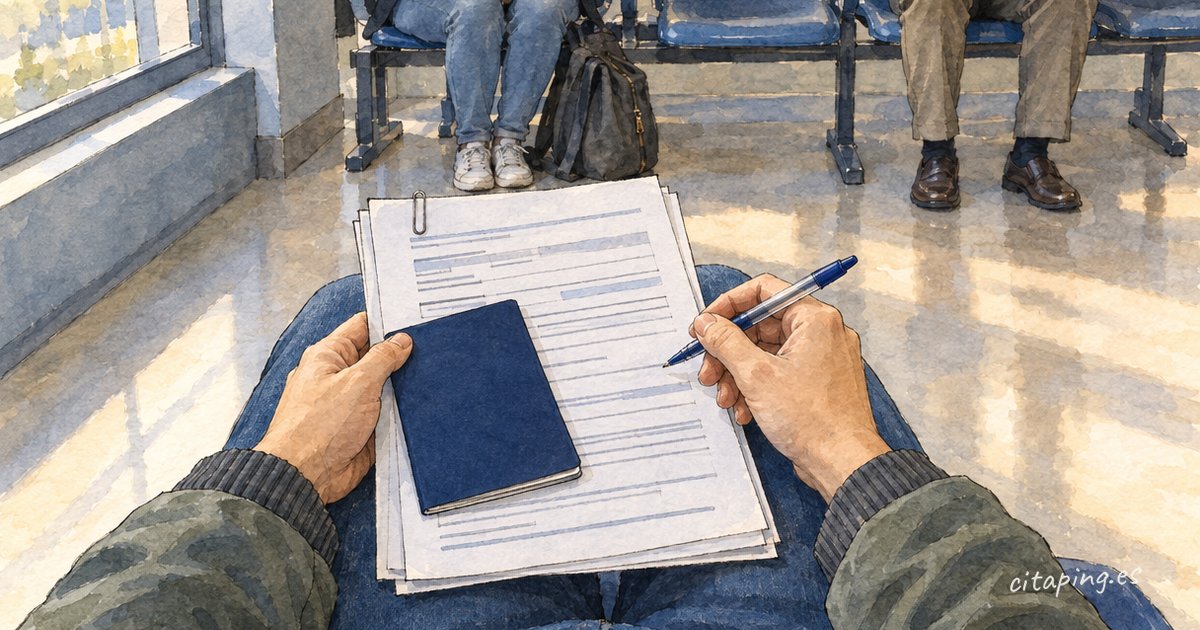 En la sala de espera de una comisaría, alguien sujeta un formulario con un pasaporte encima y un bolígrafo; enfrente esperan dos.
