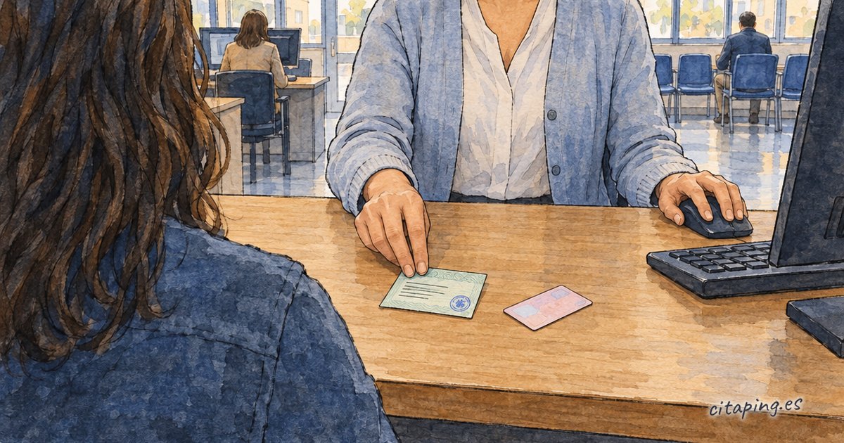 Al otro lado de la mesa, deslizan un certificado verde de NIE hacia la persona atendida, junto a una tarjeta TIE rosa.