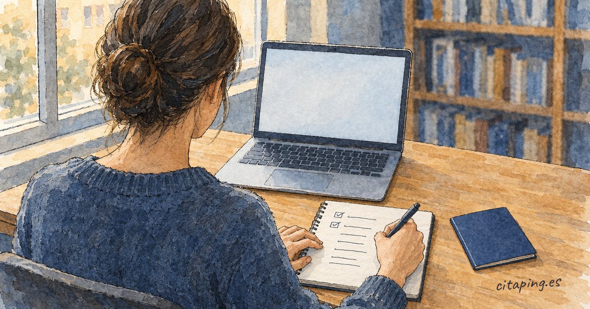 Una persona de espaldas marca casillas de una lista en un cuaderno, junto a un portátil y un pasaporte.