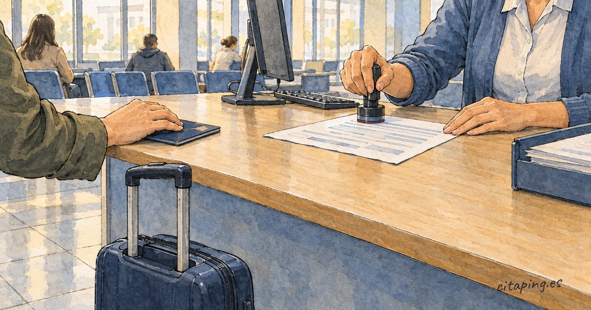 En una ventanilla sellan un formulario; al otro lado, una mano descansa sobre un pasaporte y hay una maleta de cabina.