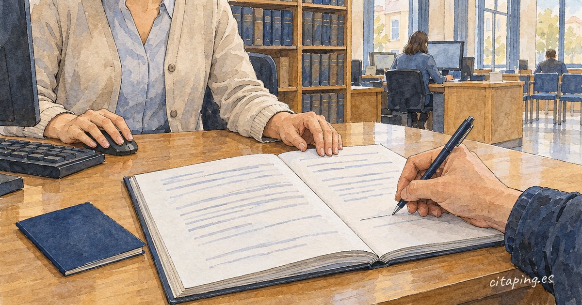 En el Registro Civil, una persona firma en un gran libro abierto que sujeta quien atiende, junto a un pasaporte.
