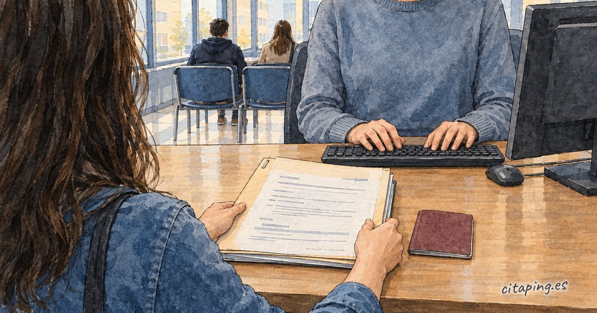 En una oficina de extranjería, una persona sostiene una carpeta de documentos junto a su pasaporte ante alguien que teclea.