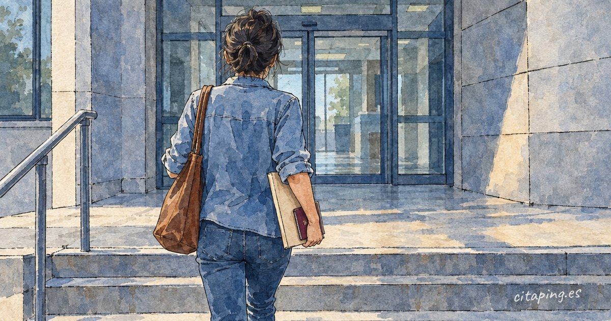 De espaldas, una persona sube escalones hacia la puerta de cristal de una oficina, con carpeta y pasaporte bajo el brazo.