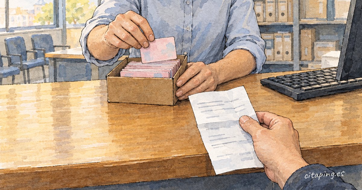 En un mostrador, una persona sostiene un resguardo y quien atiende saca una tarjeta de residencia rosa de una caja llena.