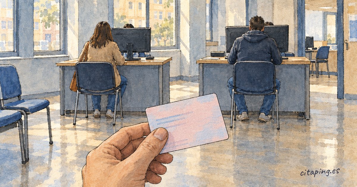 Una mano sostiene una tarjeta TIE rosa; al fondo, en una comisaría, dos personas sentadas ante mesas con ordenador.