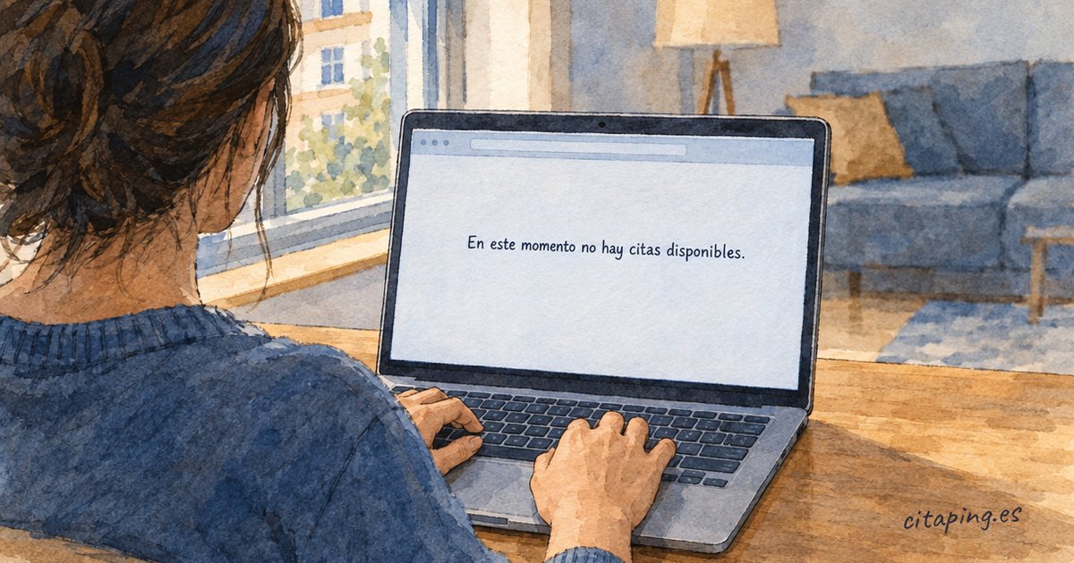 Una persona de espaldas teclea en un portátil en su salón; la pantalla dice: En este momento no hay citas disponibles.